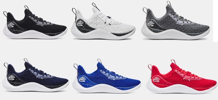 Side view of six pairs of Stephen Curry's Under Armour shoes.